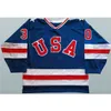 Nik1 Mens 30 Jim Craig Jersey 1980 Miracle på ishockey Tröjor 100% Sömt Broderi Team USA Hockey Tröjor Blå Vit S-3XL