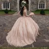 Rose Złotne sukienki Quinceanera Blada różowa koronkowa gorset długi rękaw 3D Flower Kościa Iluzja Prom Formalne suknie Słodkie 16 vestidos
