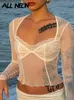 ALLNeon Fashion Y2K Lace Trim Mesh Crop Tops 90s Aesthetics Patchwork Square Neck Long Sleeve White Sexy Tees Summer Tshirts 220526