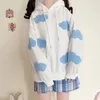 kawaii 대형 까마귀하라 주쿠 귀여운 구름 인쇄 후드 여자 한국 스타일 y2k 스웨트 셔츠 스트리트웨어 긴 소매 풀오버