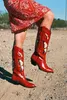 Plate-forme épaisse Western mi-mollet femmes talons hauts brodés bout carré tirer sur la mode Cowgirl Cowboy bottes femme 220815