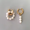 Hoop & Huggie 18k Gold Asymmetric Freshwater Pearl Hanging Earrings Circle Dangle Two Ways To Wear Unusual Drop Wedding JewelryHoop