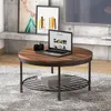 36 inches Round Coffee Table Rustic Wooden Surface Top Sturdy Metal Legs Industrial Sofa Table for Living Room Modern Design Home Furniture with Storage Open Shelf
