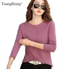 Langarm Frauen Bambus Baumwolle Casual Solide T-shirt Frühling Weibliche Lose Mode Taste T Shirts Oansatz Grün Lila Tops 220402