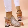 Sandales dames été respirant strass boucle sangle bout rond talon bijou décoratif maille mi chaussures sandales