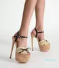 High Heel Sandalias Butterfly-Knot Cane Woven Platform Sandals For Women Open Toe Wood Shoes Buckle Strap