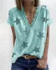 Women's T-Shirt Summer V-neck Print Lace Top Women Casual Loose Ladies Short Sleeve Basic Tees Plus Size XS-5XLWomen's