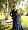 Blue Evening Dresses Party Satin A-Line Detachable Short Sleeves Arabic Dubai Prom Gowns Celebrity Formal306R