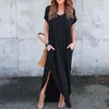 Women Summer dresses Clothes Stylish Pullover Maxi A type knit Casual Long Dress Short Sleeve Backless Lady Clothing Pocket W220315