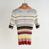 Kvinnors tr￶jor Kvinnors f￤rgglada r￤nder Kvinnor Knit T-shirt Slim Fit Short Sleeve Turn-Down Collar Sticked Casual Top Buttons 2022