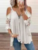 White Tee Summer New Lace Petal Half Sleeve Zipper Ladies T-shirt för kvinnor överdimensionerad av axel V-ringning Löst casual topp tee tunika