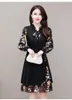 Vestidos casuais para mulheres elegante estilo de outono moda coreano laço mãe gravata longa manga impressa mais tamanho preto vestido