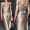Satin Mother Elegant Champagne of the Bride Dresses with Bowknot Belt 3/4 Long Sleeves Glamorous Lace Appliqued See Through Knee Length Short Prom Party Gowns