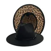 Outer Solid color Inner Leopard Wool Felt Jazz Fedora Hats with Thin Belt Buckle Men Women Wide Brim Panama Cap