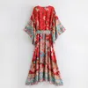 Vintage Chic Kadınlar Kırmızı Çiçek Baskı Yarasa Kollu Plaj Bohemian Elbiseler Kimono Bayanlar V Boyun Sashes Boho Maxi Elbise Vestidos