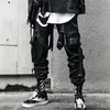 Hip-Hop Jogger Tuta Harem nera da uomo Pantaloni sportivi con nastro multitasche Streetwear Casual 220325