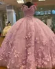 Vintage Pink 3D Floral Applique15 Princess Quinceanera Dress Off Schouder Sweep Train Vestido de Debutante Dream Mis Quince XV