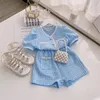 Summer Girls Set Blue Color Vintage Children Clothes Plaid Blus Shirt and Shorts Children's Clothing Wholesale 220620