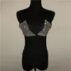 Kvinnors Badkläder Sparkly Rhinestone Två Piece Set Sexy V-Neck Bandage Bra High Cut Thong Panty Sommar Mode Bikini Outfits för Lady