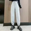 Calça feminina feminina capris elástica cintura hip hop harém feminino de moletom de moletom casual estilo coreano impressão longa branca pantalon