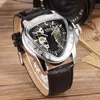 Armbanduhren Hip Hop Mechanische Uhr für Männer Einzigartiges dreieckiges Skelett-Zifferblatt-Design Schwarzes Lederarmband Trendgeschenke Uhr 2022 M141Wristwat