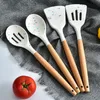 Ustensiles en Silicone blanc spatule antiadhésive pelle manche en bois outils de cuisine ensemble avec boîte de rangement Gadgets de cuisine