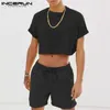 Conjuntos para hombres de moda Streetwear Color sólido Manga corta Crop Tops Pantalones cortos con cordón Hombres Trajes casuales Dos piezas INCERUN S5XL 220602