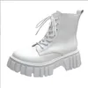 New Fashion Women White Angle Boots Pu Кожа толстая подошва шнур