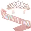 Bling Crystal Crown Tiara Birthday Anniversary Decoration Happy 18 21 30 40 50th Satin Sash Party Supplies 220811