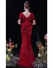 2022 Sexy mermaid Evening Dress Black Red Sequined Vestidos Largos Lace Sleeve Off Shoulder Woman Prom Party Night Dress Sweep Train