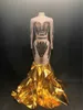 Stage Wear Women Sexy Net Yarn Gold Dress Sparkling Paillettes Crystals Nightclub Party Show Bling Costumes For Dancer SingerStage