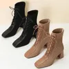 Automne hiver femmes Martin bottes couture tricoté élastique bas bottes à talons hauts botte courte bout carré chaussures pour femmes