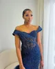 2022 Plus Size Arabisch Aso Ebi Marineblau Meerjungfrau Ballkleider Spitze Perlen Abend Formale Party Zweiter Empfang Geburtstag Verlobungskleider Kleid ZJ522