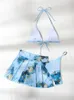 Costumi da bagno da donna Tre pezzi Stampa marmorizzata Halter Micro Bikini a triangolo Costume da bagno Gonna da spiaggia da donna Set di costumi da bagno estivi