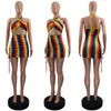 cm.yaya Rainbow Striped Tie Dye Halter Neck Backless Women's Mini Dress Sexy Night Party Clubwear Bodycon Midi Pencil Dresses 220516