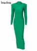 Hawthaw épaule rembourrée à manches longues moulante vert fête Club Maxi robe printemps automne femmes mode vêtements élégants 220815