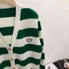 spring green and white stripe embroidered letters college style long sleeved knitted cardigan women's coat