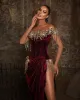 Aso Ebi 2022 Arabic Burgundy Stylish Velvet Evening Dresses Beaded Sexy Prom Dresses High Split Formal Party Second Reception Gowns PRO232