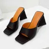 패션 - 오렌지 그린 하이힐 여성을위한 슬리퍼 스퀘어 헤드 두꺼운 하이힐 파티 샌들 슬라이드 신발