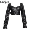 Lautaro y2k Black Faux Leather Crop Top Women Deque Square Long Sleeve Sheipper Jacket Jacket Sexy Backless Fashion 5XL 6XL L220801