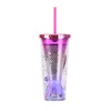 Sjöjungfru! 12oz Dubbelskikt Plast Skinny Gradient Tumbler med Färgglada Halm UV Fishtail Paillette Water Cup