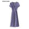 French Cross V neck Floral Print Wrap Dress Woman Lacing up Waist Slit Mid Long Slim Fit Summer Dresses 2 colors 220511