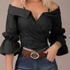 Chemisiers pour femmes Chemises Sexy Off Épaule Sling Design Casual Plissée Flare Sleeve Wrap Shirt Tops Mode Été Motif Imprimer Femmes Blusa