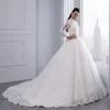 Vestidos de noiva formais de renda muçulmana, gola alta, mangas compridas, vestidos de casamento, trem de varredura, vestido de baile