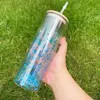 12/16/20oz Sublimation Tumblers Clear Double Wall Pre-drilled Snow Globe Glass Can Cups Beer Drinking Water Bottle With Bamboo Lid And Reusable Straw