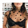 Women See Through Star T Shirts Crop Tops Fashion Sexy Ladies Short Sleeve Printing Transparent Lace Tees Top Black White
