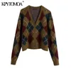 KPYTOMOA Women Fashion With Ribbed Trims Argyle Cardigan Sweater Vintage Long Sleeve Button-up Female Outerwear Chic Tops 201203