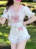 2 조각 흰색 세트 여성 여름 레이스 섹시한 kawaii 여성 일본 캐주얼 디자이너 활 치카 하이 허리 달콤한 220509