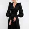 Solid Satin V Neck Lantern Sleeve Dress Women's Long Dress for Party Lantern Sleeve A-Line High midje Slim Elegant 2022 Clothes Year Ball Evening Casual