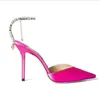 Saeda 100mm kl￤nningsko kvinnor bl￥ patent l￤der sandaler brud br￶llop pumpar strass rem kvinnor elegant pointe lyx varum￤rken lady high klackar